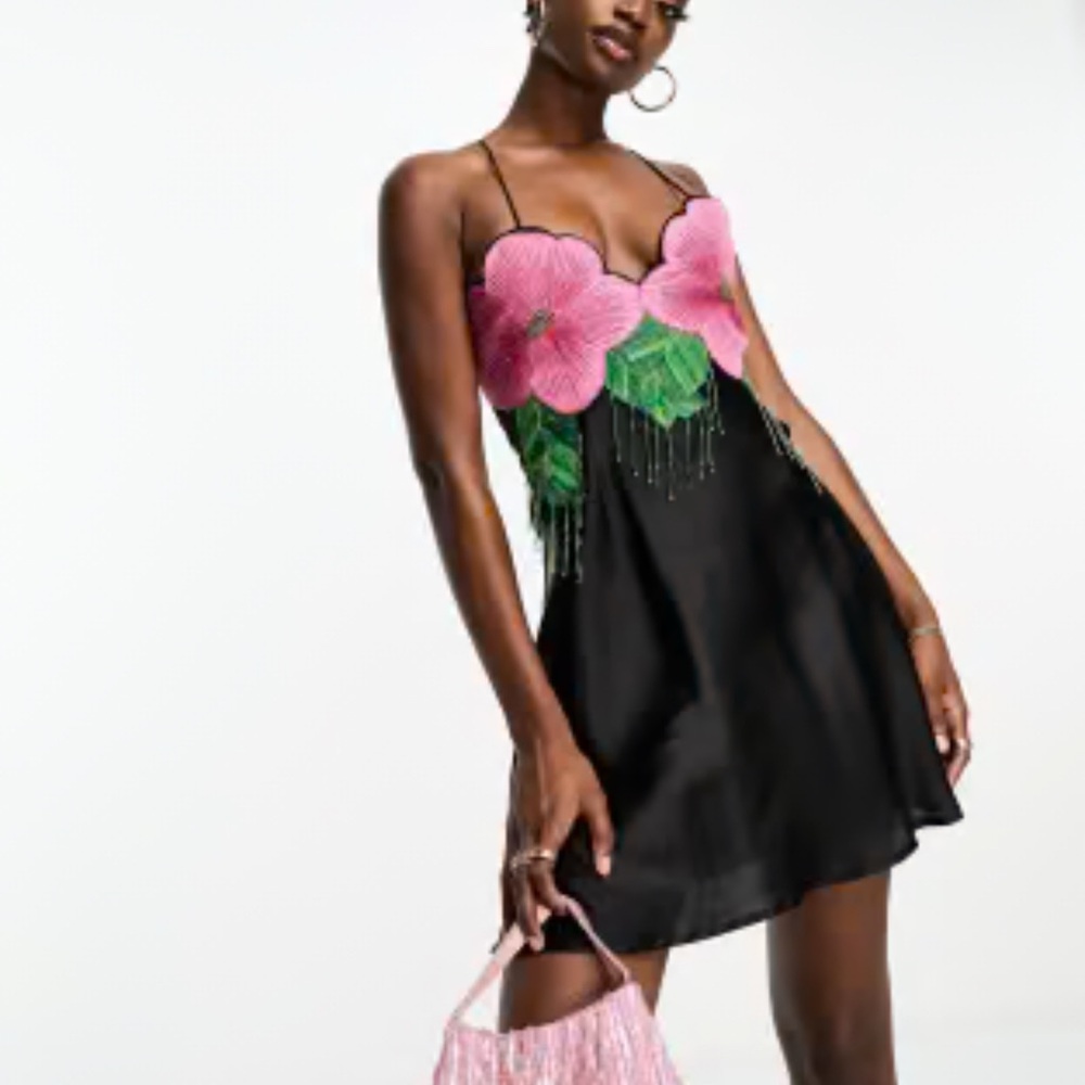 Rare London Black and Pink Floral Mini Dress